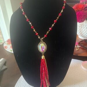Elegant Red Beaded Necklace with Tassel - Brand New 22” length